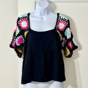 Baevely Black Blouse with Colorful Crochet Sleeves